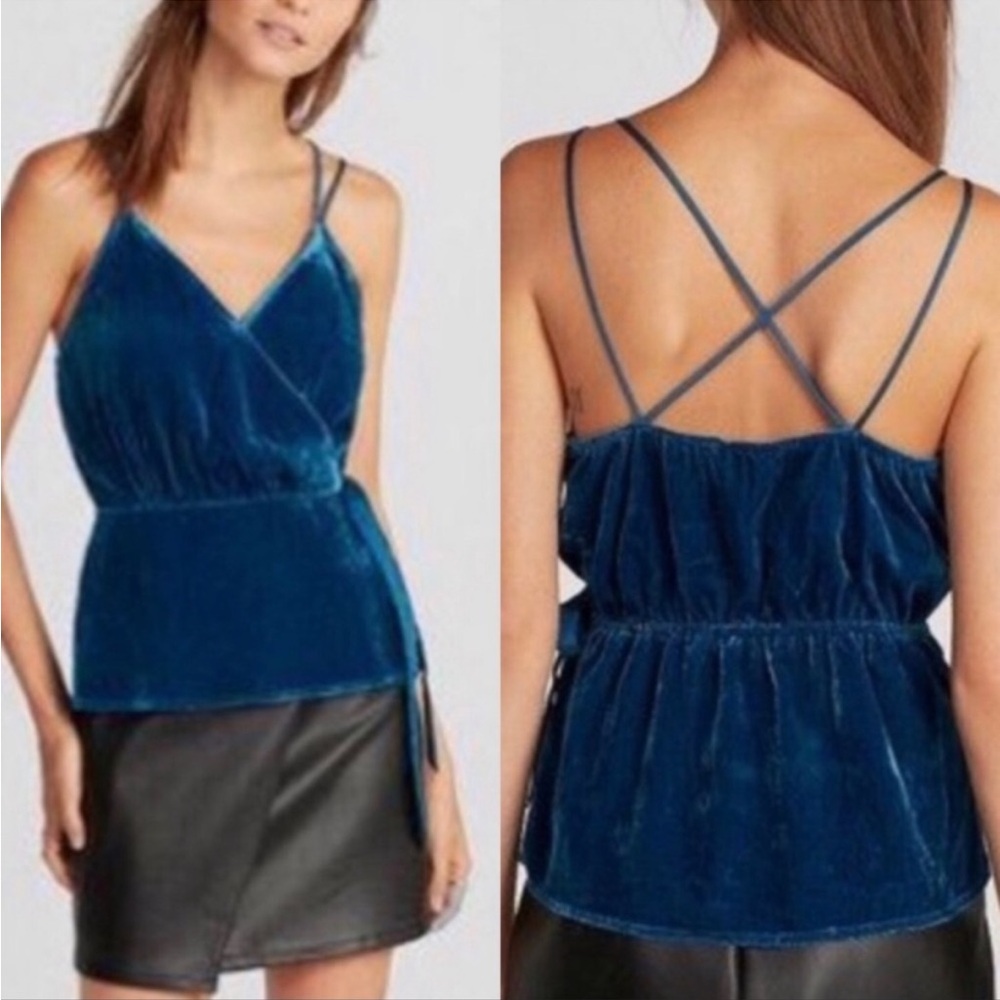 Velvet Strappy Blue Faux Wrap Top